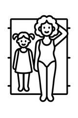 Mother and daughter standing by a height chart measuring growth and body