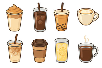 Set of various coffee drinks and popular beverages served in cups and glasses