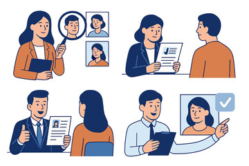 Human resources management and recruitment process scenes with interviews and candidate selection