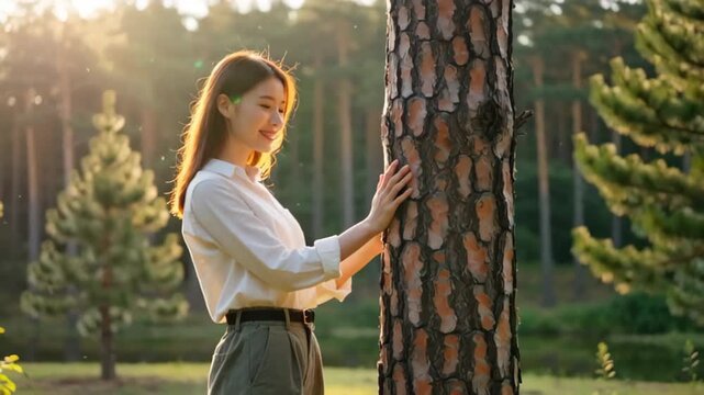 A young woman in a white shirt smiles while gently touching a tree trunk, surrounded by lush greenery in a sunlit forest