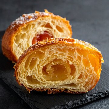 Two Halved Cronuts or Cruffins Showing Flaky Layers on a Dark Slate Board