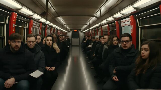 Commuter packed subway train carriage with moody lighting reflective floor and bearded passenger