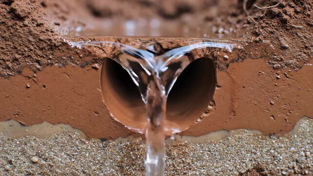 Water Flowing Through Culvert in Earth Trench Excavation Project