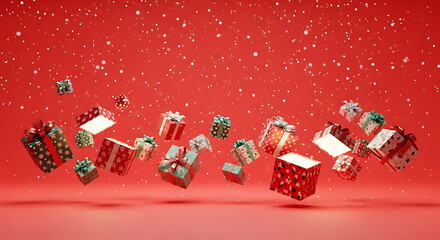 Floating Christmas gifts in mid-air against a vibrant red background with snowfall effect