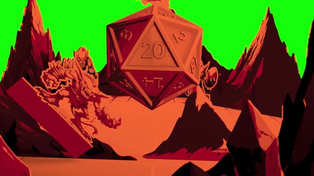 A DnD style intro with a stylized game board. A d20 die is rolled onto the ominous valley in front of the volcano, and the number 20 appears. Isolated on a single-color background.