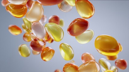 Colorful Gel Capsules Floating in Air on Soft Background