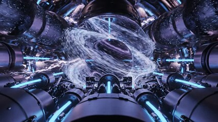 Abstract futuristic tunnel with neon lights and digital sphere in the center of a metallic structure - Powered by Adobe