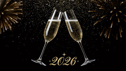 Celebratory Champagne Glasses Toasting to 2026 | New Year&rsquo;s Eve Elegance with Golden Sparkles | Festive Background for Invitations and Social Media

