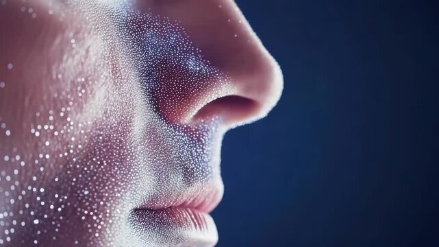 Close up profile of face with glowing digital particles skin mapping nose and lips, futuristic skin