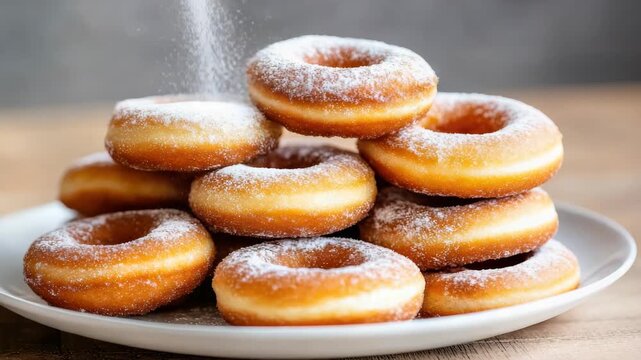 Warm sugar coated donut glazed donut stack plate with powdered sugar pastry breakfast snack baked