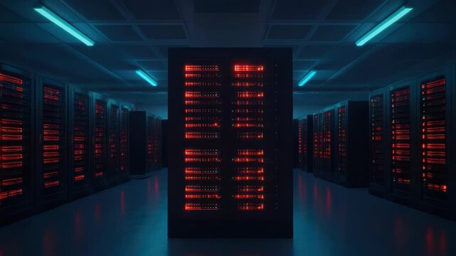 Server rack data center aisle with glowing red light and moody blue rack light futuristic atmosphere