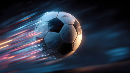 Fototapeta premium Soccer ball in motion with colorful light streaks on dark blue background sport speed 2025 football world cup 2026 download