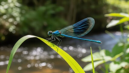 Blue dragonfly sitting on leaf near water