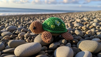 Crochet turtle on rocky beach with ocean view
