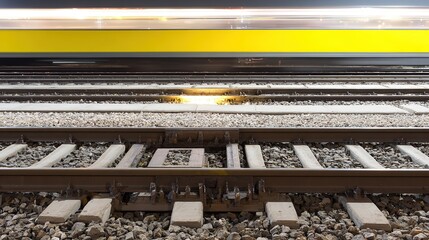 locomotive. Railroad track joints at station with motion blur of passing train and industrial lighting. mobility guides, transit brochures, designed for transport & logistics marketing.