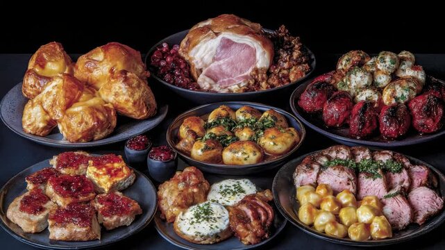Festive roast ham with roast potato, Yorkshire pudding, gravy and cranberry sauce savory feast