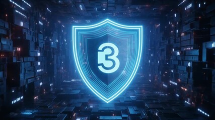 Futuristic cyber security shield protecting data in a glowing, dark digital server tunnel. - Powered by Adobe