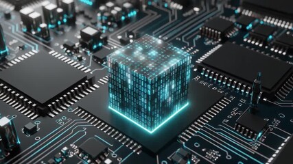 Digital data processing cube with binary code glowing on a futuristic electronic circuit board - Powered by Adobe