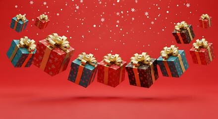 Floating gifts surrounded by falling snowflakes on a vibrant red background
