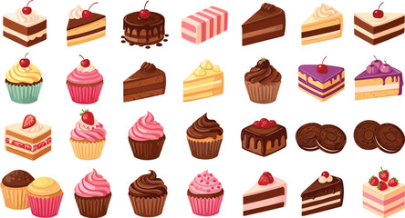 Colorful Cartoon Dessert Collection – Cakes, Cupcakes, and Cookies with Fruit Toppings and Frosting for Bakery and Food Design