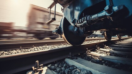 locomotive. Railroad track joints at station with motion blur of passing train and industrial lighting. mobility guides, transit brochures, designed for transport & logistics marketing.