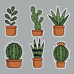 Pack of 6 succulents stickers featuring cartoon cacti, succulents in brown pots, arranged on gray background. Sicculents come in different shapes and designs. For home decor, plant themes, stickers.