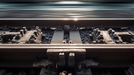 locomotive. Railroad track joints at station with motion blur of passing train and industrial lighting. mobility guides, transit brochures, designed for transport & logistics marketing.