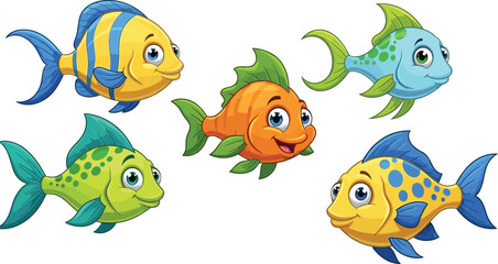 Colorful cartoon fish with playful expressions and unique patterns, perfect for children's educational materials, games, and marine-themed designs.