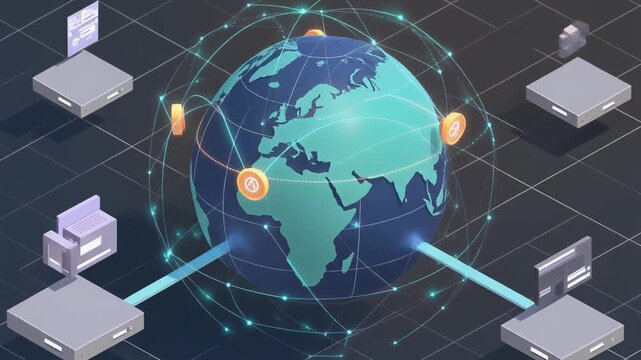 3D Isometric Global Digital Network Animation Showing Data Transfer, Cryptocurrency Nodes, and Worldwide Server Connections.