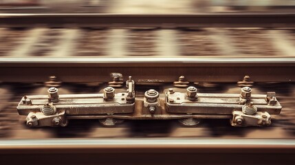 locomotive. Railroad track joints at station with motion blur of passing train and industrial lighting. mobility guides, transit brochures, designed for transport & logistics marketing.