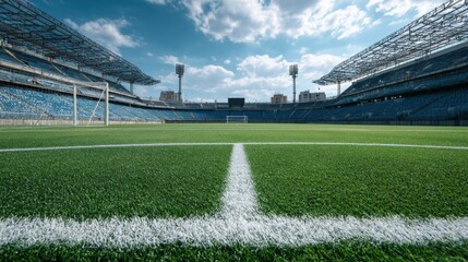 Grass covers the soccer field inside the stadium. Rows of empty seats surround the field under a blue sky. Goalposts stand ready for the next match