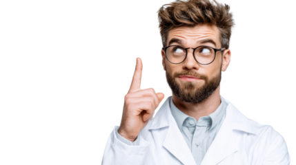 Scientist's Eureka Moment: A thoughtful scientist, donning spectacles and a lab coat, gestures upward, indicating a moment of brilliant insight or a groundbreaking idea.
