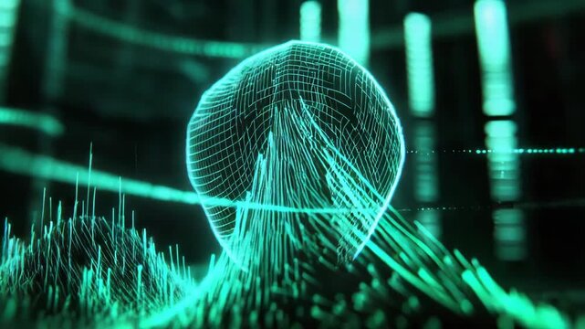 Neon wireframe human head emerging from digital waveform futuristic glowing data waves and flowing