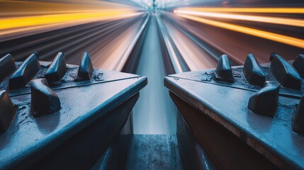 locomotive. Railroad track joints at station with motion blur of passing train and industrial lighting. mobility guides, transit brochures, designed for transport & logistics marketing.