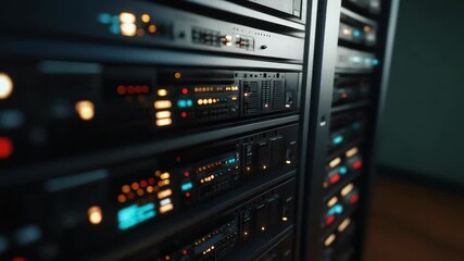 Server rack glowing status lights blurred depth moody network data server room datacenter atmosphere - Powered by Adobe