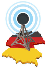 A communication or broadcast 3D antenna (tower) centered on an outline map of Germany, painted with the national flag (Black, Red, Gold). Blue concentric circles symbolize signal transmission.
