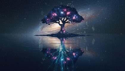 Cosmic Tree Of Life Reflecting In Still Water Under A Starry Galaxy Sky With Nebula And Planets