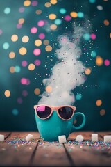 Festive Coffee Cup Character with Sunglasses for New Year Eve Party