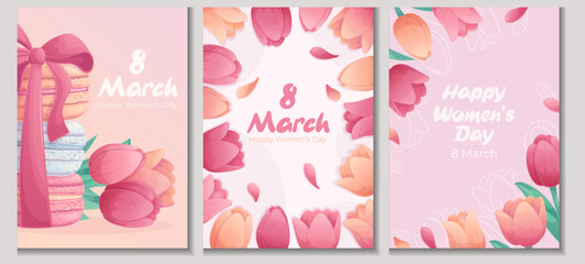 A set of templates for creating greeting cards for Women's Day. March 8th. Delicious French macaroons, tulips. Vector illustration for the design of a postcard, invitation card, poster, banner