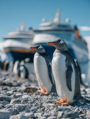 Fototapeta premium Antarctic Explorers: A striking portrait of Gentoo penguins standing proudly amidst a stunning Antarctic landscape, with the majestic backdrop of a cruise ship and an endless sky. 