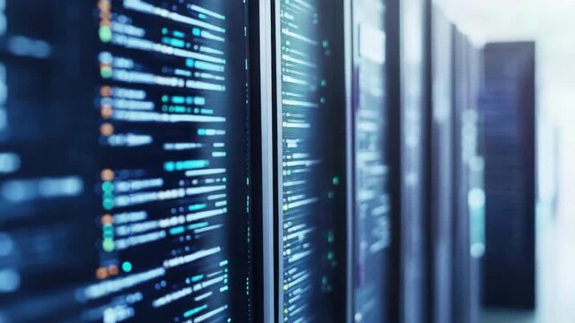 Server rack glowing status lights and blurred data readouts modern data center network storage