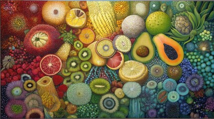 Colorful Variety of Exotic Fruits in Detailed Artistic Arrangement