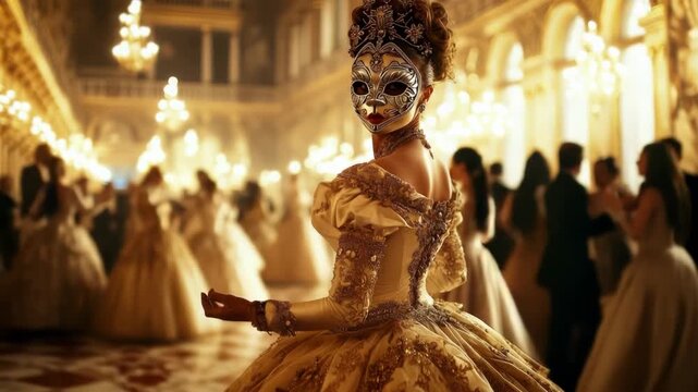 A beautifully lit carnival ball with participants in elegant Venetian masks and costumes dancing in a grand historic hall. Carnival in Venice. Banner