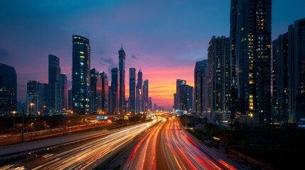 Fototapeta premium Vibrant City Skyline at Dusk with Illuminated Buildings and Dynamic Traffic Trails Captured in a Stunning Urban Landscape