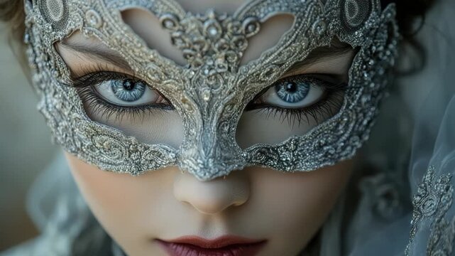A close-up of a person in an intricate Venetian mask and elegant costume with detailed embroidery. Carnival in Venice