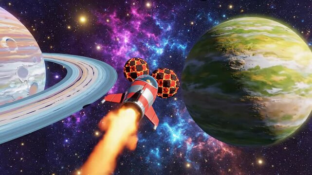 Pixelated Spacecraft Flying Amongst Planets with Ringed Celestial Body and Fiery Explosion
