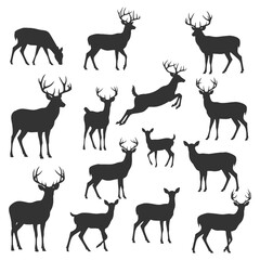 A collection of black silhouette deer in various poses and stances