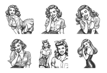 Fototapeta premium Smiling pin-up women with glamorous hairstyle and bright expressions charm and joy Set collection bundle sketch engraving generative ai vector illustration. Scratch board imitation. Black and white.
