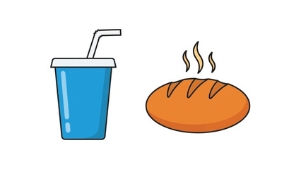 Cartoon illustration of hot drink and food on black and white background with steam rising