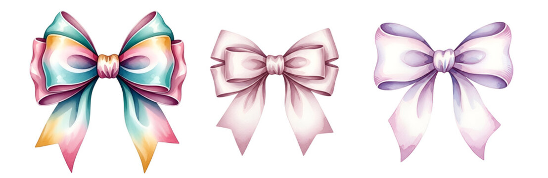 Three watercolor bows in pastel shades of pink, purple, and teal arranged horizontally on transparent on transparent background